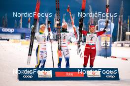 25.11.2022, Ruka, Finland (FIN): Johanna Hagstroem (SWE), Emma Ribom (SWE), Tiril Udnes Weng (NOR), (l-r)  - FIS world cup cross-country, individual sprint, Ruka (FIN). www.nordicfocus.com. © Modica/NordicFocus. Every downloaded picture is fee-liable.