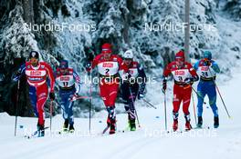 25.11.2022, Ruka, Finland (FIN): Richard Jouve (FRA), Lauri Vuorinen (FIN), Paal Golberg (NOR), James Clinton Schoonmaker (USA), Sivert Wiig (NOR), Svyatoslav Matassov (KAZ), (l-r)  - FIS world cup cross-country, individual sprint, Ruka (FIN). www.nordicfocus.com. © Modica/NordicFocus. Every downloaded picture is fee-liable.