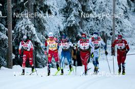 25.11.2022, Ruka, Finland (FIN): Maciej Starega (POL), Johannes Hoesflot Klaebo (NOR), Emil Liekari (FIN), Valerio Grond (SUI), Edvin Anger (SWE), Erik Valnes (NOR), (l-r)  - FIS world cup cross-country, individual sprint, Ruka (FIN). www.nordicfocus.com. © Modica/NordicFocus. Every downloaded picture is fee-liable.