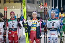 27.11.2022, Ruka, Finland (FIN): Paal Golberg (NOR), Johannes Hoesflot Klaebo (NOR), Calle Halfvarsson (SWE), (l-r) - FIS world cup cross-country, pursuit, Ruka (FIN). www.nordicfocus.com. © Modica/NordicFocus. Every downloaded picture is fee-liable.