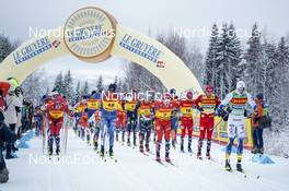 04.12.2022, Lillehammer, Norway (NOR): Martin Loewstroem Nyenget (NOR), Remi Lindholm (FIN), Federico Pellegrino (ITA), Simen Hegstad Krueger (NOR), Sjur Roethe (NOR), Paal Golberg (NOR), William Poromaa (SWE), (l-r)  - FIS world cup cross-country, mass, Lillehammer (NOR). www.nordicfocus.com. © Thibaut/NordicFocus. Every downloaded picture is fee-liable.