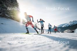 18.12.2022, Davos, Switzerland (SUI): Hans Christer Holund (NOR), Gus Schumacher (USA), Andrew Young (GBR), Simen Hegstad Krueger (NOR), (l-r)  - FIS world cup cross-country, 20km, Davos (SUI). www.nordicfocus.com. © Modica/NordicFocus. Every downloaded picture is fee-liable.
