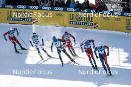 17.12.2022, Davos, Switzerland (SUI): Gjoeran Tefre (NOR), Johan Haeggstroem (SWE), Federico Pellegrino (ITA), Even Northug (NOR), Johannes Hoesflot Klaebo (NOR), Lucas Chanavat (FRA), (l-r)  - FIS world cup cross-country, individual sprint, Davos (SUI). www.nordicfocus.com. © Modica/NordicFocus. Every downloaded picture is fee-liable.
