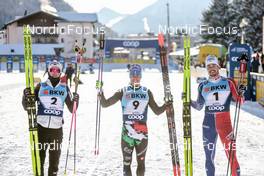 17.12.2022, Davos, Switzerland (SUI): Johannes Hoesflot Klaebo (NOR), Federico Pellegrino (ITA), Lucas Chanavat (FRA), (l-r)  - FIS world cup cross-country, individual sprint, Davos (SUI). www.nordicfocus.com. © Modica/NordicFocus. Every downloaded picture is fee-liable.