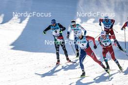 17.12.2022, Davos, Switzerland (SUI): Federico Pellegrino (ITA), Johan Haeggstroem (SWE), Lucas Chanavat (FRA), Johannes Hoesflot Klaebo (NOR), Gjoeran Tefre (NOR), (l-r)  - FIS world cup cross-country, individual sprint, Davos (SUI). www.nordicfocus.com. © Modica/NordicFocus. Every downloaded picture is fee-liable.