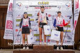 09.10.2022, Arcon, France (FRA): MARGAUX Gaillard (FRA), JULIE Pierrel (FRA), EVE ONDINE Duchaufour (FRA), (l-r)  - French Summer Championships Cross-Country, individual, Arcon (FRA). www.nordicfocus.com. © Thibaut/NordicFocus. Every downloaded picture is fee-liable.