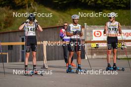 08.10.2022, Arcon, France (FRA): Mathis Desloges (FRA), Richard Jouve (FRA), Theo Schely (FRA), (l-r) - French Summer Championships Cross-Country, sprint, Arcon (FRA). www.nordicfocus.com. © Thibaut/NordicFocus. Every downloaded picture is fee-liable.