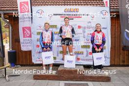 08.10.2022, Arcon, France (FRA): Jehanne Grosjean (FRA), Daphne Patois (FRA), Laila Billet (FRA), (l-r) - French Summer Championships Cross-Country, sprint, Arcon (FRA). www.nordicfocus.com. © Thibaut/NordicFocus. Every downloaded picture is fee-liable.