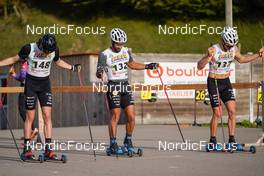 08.10.2022, Arcon, France (FRA): Mathis Desloges (FRA), Richard Jouve (FRA), Theo Schely (FRA), (l-r) - French Summer Championships Cross-Country, sprint, Arcon (FRA). www.nordicfocus.com. © Thibaut/NordicFocus. Every downloaded picture is fee-liable.