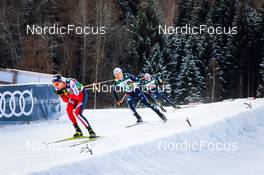 09.01.2022, Val di Fiemme, Italy (ITA): Espen Andersen (NOR), Manuel Faisst (GER), Vinzenz Geiger (GER), (l-r)  - FIS world cup nordic combined men, individual gundersen HS106/10km, Val di Fiemme (ITA). www.nordicfocus.com. © Volk/NordicFocus. Every downloaded picture is fee-liable.
