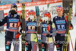 07.01.2022, Val di Fiemme, Italy (ITA): Jakob Lange (GER), Jenny Nowak (GER), Cindy Haasch (GER), Terence Weber (GER), (l-r)  - FIS world cup nordic combined, mixed team HS106, Val di Fiemme (ITA). www.nordicfocus.com. © Volk/NordicFocus. Every downloaded picture is fee-liable.