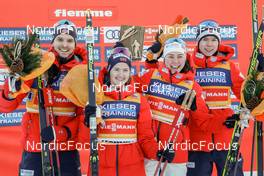 07.01.2022, Val di Fiemme, Italy (ITA): Joergen Graabak (NOR), Gyda Westvold Hansen (NOR), Mari Leinand Lund (NOR), Jens Luraas Oftebro (NOR), (l-r) - FIS world cup nordic combined, mixed team HS106, Val di Fiemme (ITA). www.nordicfocus.com. © Volk/NordicFocus. Every downloaded picture is fee-liable.
