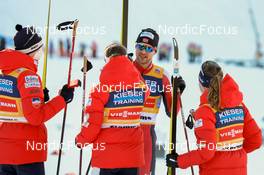 07.01.2022, Val di Fiemme, Italy (ITA): Jens Luraas Oftebro (NOR), Mari Leinand Lund (NOR), Gyda Westvold Hansen (NOR), Joergen Graabak (NOR), (l-r)  - FIS world cup nordic combined, mixed team HS106, Val di Fiemme (ITA). www.nordicfocus.com. © Volk/NordicFocus. Every downloaded picture is fee-liable.