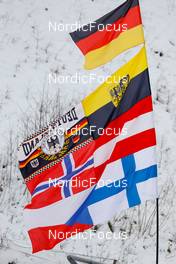 15.01.2022, Klingenthal, Germany (GER): Collection of flags in the Vogtland Arena of Klingenthal - FIS world cup nordic combined men, individual gundersen HS140/10km, Klingenthal (GER). www.nordicfocus.com. © Volk/NordicFocus. Every downloaded picture is fee-liable.