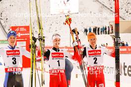 16.01.2022, Klingenthal, Germany (GER): (l-r), Kristjan Ilves (EST), Johannes Lamparter (AUT), Franz-Josef Rehrl (AUT) - FIS world cup nordic combined men, individual gundersen HS140/10km, Klingenthal (GER). www.nordicfocus.com. © Volk/NordicFocus. Every downloaded picture is fee-liable.
