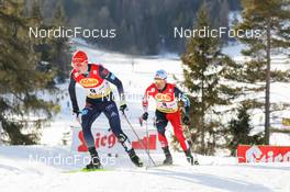 28.01.2022, Seefeld, Austria (AUT): (l-r), Eric Frenzel (GER), Akito Watabe (JPN) - FIS world cup nordic combined men, individual gundersen HS109/5km, Seefeld (AUT). www.nordicfocus.com. © Volk/NordicFocus. Every downloaded picture is fee-liable.