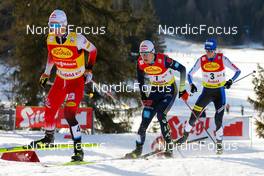 28.01.2022, Seefeld, Austria (AUT): Johannes Lamparter (AUT), Vinzenz Geiger (GER), Kristjan Ilves (EST), (l-r)  - FIS world cup nordic combined men, individual gundersen HS109/7,5km, Seefeld (AUT). www.nordicfocus.com. © Volk/NordicFocus. Every downloaded picture is fee-liable.
