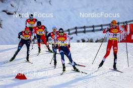 28.01.2022, Seefeld, Austria (AUT): Julian Schmid (GER), Hideaki Nagai (JPN), Sora Yachi (JPN), Manuel Faisst (GER), Joergen Graabak (NOR), Franz-Josef Rehrl (AUT), (l-r)  - FIS world cup nordic combined men, individual gundersen HS109/7,5km, Seefeld (AUT). www.nordicfocus.com. © Volk/NordicFocus. Every downloaded picture is fee-liable.