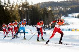29.01.2022, Seefeld, Austria (AUT): (l-r), Simen Tiller (NOR), Thomas Joebstl (AUT), Laurent Muhlethaler (FRA), Sora Yachi (JPN), Lukas Greiderer (AUT) - FIS world cup nordic combined men, individual gundersen HS109/10km, Seefeld (AUT). www.nordicfocus.com. © Volk/NordicFocus. Every downloaded picture is fee-liable.