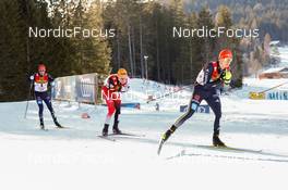 29.01.2022, Seefeld, Austria (AUT): (l-r), Eric Frenzel (GER), Franz-Josef Rehrl (AUT), Vinzenz Geiger (GER) - FIS world cup nordic combined men, individual gundersen HS109/10km, Seefeld (AUT). www.nordicfocus.com. © Volk/NordicFocus. Every downloaded picture is fee-liable.