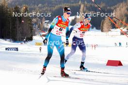 29.01.2022, Seefeld, Austria (AUT): (l-r), Gael Blondeau (FRA), Otto Niittykoski (FIN) - FIS world cup nordic combined men, individual gundersen HS109/10km, Seefeld (AUT). www.nordicfocus.com. © Volk/NordicFocus. Every downloaded picture is fee-liable.
