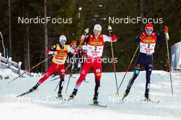 29.01.2022, Seefeld, Austria (AUT): (l-r), Johannes Lamparter (AUT), Martin Fritz (AUT), Terence Weber (GER) - FIS world cup nordic combined men, individual gundersen HS109/10km, Seefeld (AUT). www.nordicfocus.com. © Volk/NordicFocus. Every downloaded picture is fee-liable.