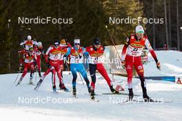 29.01.2022, Seefeld, Austria (AUT): (l-r), Simen Tiller (NOR), Thomas Joebstl (AUT), Laurent Muhlethaler (FRA), Sora Yachi (JPN), Lukas Greiderer (AUT) - FIS world cup nordic combined men, individual gundersen HS109/10km, Seefeld (AUT). www.nordicfocus.com. © Volk/NordicFocus. Every downloaded picture is fee-liable.