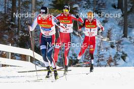 29.01.2022, Seefeld, Austria (AUT): Jarl Magnus Riiber (NOR), Joergen Graabak (NOR), Franz-Josef Rehrl (AUT), (l-r)  - FIS world cup nordic combined men, individual gundersen HS109/10km, Seefeld (AUT). www.nordicfocus.com. © Volk/NordicFocus. Every downloaded picture is fee-liable.