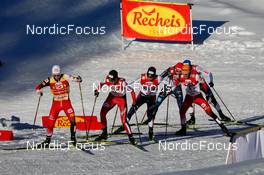 30.01.2022, Seefeld, Austria (AUT): Johannes Lamparter (AUT), Joergen Graabak (NOR), Jarl Magnus Riiber (NOR), Kristjan Ilves (EST), Franz-Josef Rehrl (AUT), Terence Weber (GER), (l-r)  - FIS world cup nordic combined men, individual gundersen HS109/12,5km, Seefeld (AUT). www.nordicfocus.com. © Volk/NordicFocus. Every downloaded picture is fee-liable.