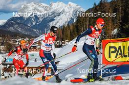 30.01.2022, Seefeld, Austria (AUT): Franz-Josef Rehrl (AUT), Jarl Magnus Riiber (NOR), Terence Weber (GER), (l-r)  - FIS world cup nordic combined men, individual gundersen HS109/12.5km, Seefeld (AUT). www.nordicfocus.com. © Volk/NordicFocus. Every downloaded picture is fee-liable.