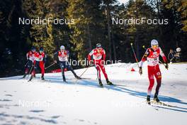 30.01.2022, Seefeld, Austria (AUT): Ryota Yamamoto (JPN), Hideaki Nagai (JPN), Manuel Faisst (GER), Espen Andersen (NOR), Martin Fritz (AUT), (l-r)  - FIS world cup nordic combined men, individual gundersen HS109/12.5km, Seefeld (AUT). www.nordicfocus.com. © Volk/NordicFocus. Every downloaded picture is fee-liable.