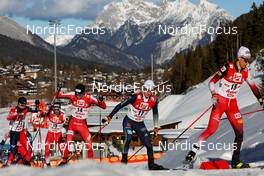 30.01.2022, Seefeld, Austria (AUT): Ryota Yamamoto (JPN), Philipp Orter (AUT), Simen Tiller (NOR), Manuel Faisst (GER), Mario Seidl (AUT), (l-r)  - FIS world cup nordic combined men, individual gundersen HS109/12,5km, Seefeld (AUT). www.nordicfocus.com. © Volk/NordicFocus. Every downloaded picture is fee-liable.