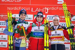 27.02.2022, Lahti, Finland (FIN): Vinzenz Geiger (GER), Jarl Magnus Riiber (NOR), Johannes Lamparter (AUT), (l-r) - FIS world cup nordic combined men, individual HS130/10km, Lahti (FIN). www.nordicfocus.com. © Thibaut/NordicFocus. Every downloaded picture is fee-liable.