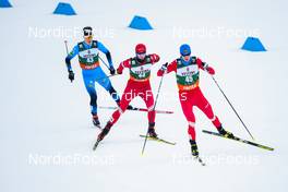 27.02.2022, Lahti, Finland (FIN): Gael Blondeau (FRA), Artem Galunin (RUS), Viacheslav Barkov (RUS), (l-r)  - FIS world cup nordic combined men, individual HS130/10km, Lahti (FIN). www.nordicfocus.com. © Thibaut/NordicFocus. Every downloaded picture is fee-liable.