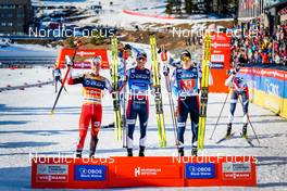 05.03.2022, Oslo, Norway (NOR): Johannes Lamparter (AUT), Jarl Magnus Riiber (NOR), Jens Luraas Oftebro (NOR), (l-r) - FIS world cup nordic combined, individual gundersen HS134/10km, Oslo (NOR). www.nordicfocus.com. © Thibaut/NordicFocus. Every downloaded picture is fee-liable.