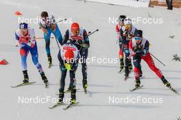12.03.2022, Schonach, Germany (GER): Tomas Portyk (CZE), Julian Schmid (GER), Johannes Rydzek (GER), Manuel Faisst (GER), Hideaki Nagai (JPN), (l-r)  - FIS world cup nordic combined men, individual gundersen HS100/10km, Schonach (GER). www.nordicfocus.com. © Volk/NordicFocus. Every downloaded picture is fee-liable.