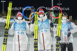 15.02.2022, Beijing, China (CHN): Jens Luraas Oftebro (NOR), Joergen Graabak (NOR), Akito Watabe (JPN), (l-r) - XXIV. Olympic Winter Games Beijing 2022, nordic combined men, individual gundersen HS140/10km, Beijing (CHN). www.nordicfocus.com. © Thibaut/NordicFocus. Every downloaded picture is fee-liable.