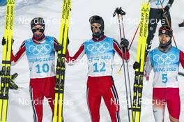 15.02.2022, Beijing, China (CHN): Jens Luraas Oftebro (NOR), Joergen Graabak (NOR), Akito Watabe (JPN), (l-r)  - XXIV. Olympic Winter Games Beijing 2022, nordic combined men, individual gundersen HS140/10km, Beijing (CHN). www.nordicfocus.com. © Thibaut/NordicFocus. Every downloaded picture is fee-liable.