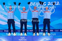 18.02.2022, Beijing, China (CHN): Espen Bjoernstad (NOR), Espen Andersen (NOR), Jens Luraas Oftebro (NOR), Joergen Graabak (NOR), (l-r) - XXIV. Olympic Winter Games Beijing 2022, nordic combined men, medals, Beijing (CHN). www.nordicfocus.com. © Thibaut/NordicFocus. Every downloaded picture is fee-liable.