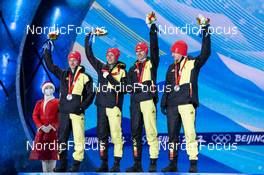 18.02.2022, Beijing, China (CHN): Manuel Faisst (GER), Julian Schmid (GER), Eric Frenzel (GER), Vinzenz Geiger (GER), (l-r) - XXIV. Olympic Winter Games Beijing 2022, nordic combined men, medals, Beijing (CHN). www.nordicfocus.com. © Thibaut/NordicFocus. Every downloaded picture is fee-liable.