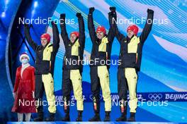 18.02.2022, Beijing, China (CHN): Manuel Faisst (GER), Julian Schmid (GER), Eric Frenzel (GER), Vinzenz Geiger (GER), (l-r) - XXIV. Olympic Winter Games Beijing 2022, nordic combined men, medals, Beijing (CHN). www.nordicfocus.com. © Thibaut/NordicFocus. Every downloaded picture is fee-liable.