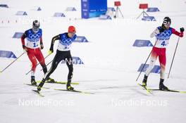 17.02.2022, Beijing, China (CHN): Martin Fritz (AUT), Vinzenz Geiger (GER), Ryota Yamamoto (JPN), (l-r)  - XXIV. Olympic Winter Games Beijing 2022, nordic combined men, team HS140/4x5km, Beijing (CHN). www.nordicfocus.com. © Thibaut/NordicFocus. Every downloaded picture is fee-liable.