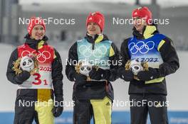 17.02.2022, Beijing, China (CHN): Manuel Faisst (GER), Julian Schmid (GER), Vinzenz Geiger (GER), (l-r) - XXIV. Olympic Winter Games Beijing 2022, nordic combined men, team HS140/4x5km, Beijing (CHN). www.nordicfocus.com. © Thibaut/NordicFocus. Every downloaded picture is fee-liable.