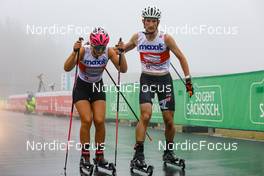 27.08.2022, Oberwiesenthal, Germany (GER): Annika Malacinski (USA), Grant Andrews (USA), (l-r)  - FIS Nordic Combined Summer Grand Prix men and women, mixed team, Oberwiesenthal (GER). www.nordicfocus.com. © Volk/NordicFocus. Every downloaded picture is fee-liable.