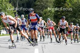 04.09.2022, Tschagguns, Austria (AUT): Matteo Baud (FRA), Raffaele Buzzi (ITA), Samuel Costa (ITA), Fabio Obermeyr (AUT), Marc Luis Rainer (AUT), Manuel Faisst (GER), Manuel Einkemmer (AUT), (l-r)  - FIS Nordic Combined Summer Grand Prix men and women, individual gundersen HS108/10km men, Tschagguns (AUT). www.nordicfocus.com. © Volk/NordicFocus. Every downloaded picture is fee-liable.