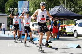 04.09.2022, Tschagguns, Austria (AUT): Laurent Muhlethaler (FRA), Stefan Rettenegger (AUT), Eero Hirvonen (FIN), (l-r)  - FIS Nordic Combined Summer Grand Prix men and women, individual gundersen HS108/10km men, Tschagguns (AUT). www.nordicfocus.com. © Volk/NordicFocus. Every downloaded picture is fee-liable.
