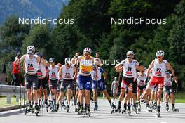 04.09.2022, Tschagguns, Austria (AUT): Einar Luraas Oftebro (NOR), Fabian Riessle (GER), Samuel Costa (ITA), Fabio Obermeyr (AUT), Manuel Faisst (GER), Marc Luis Rainer (AUT), (l-r)  - FIS Nordic Combined Summer Grand Prix men and women, individual gundersen HS108/10km men, Tschagguns (AUT). www.nordicfocus.com. © Volk/NordicFocus. Every downloaded picture is fee-liable.