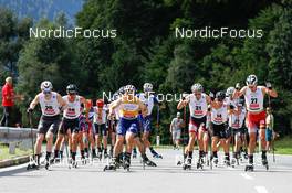 04.09.2022, Tschagguns, Austria (AUT): Einar Luraas Oftebro (NOR), Fabian Riessle (GER), Samuel Costa (ITA), Fabio Obermeyr (AUT), Manuel Faisst (GER), Marc Luis Rainer (AUT), (l-r)  - FIS Nordic Combined Summer Grand Prix men and women, individual gundersen HS108/10km men, Tschagguns (AUT). www.nordicfocus.com. © Volk/NordicFocus. Every downloaded picture is fee-liable.