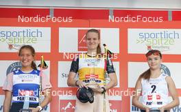 04.09.2022, Tschagguns, Austria (AUT): Nathalie Armbruster (GER), Ema Volavsek (SLO), Minja Korhonen (FIN), (l-r), (l-r) - FIS Nordic Combined Summer Grand Prix men and women, individual gundersen HS108/5km women, Tschagguns (AUT). www.nordicfocus.com. © Volk/NordicFocus. Every downloaded picture is fee-liable.