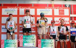 04.09.2022, Tschagguns, Austria (AUT): Minja Korhonen (FIN), Gyda Westvold Hansen (NOR), Ema Volavsek (SLO), Jenny Nowak (GER), Annika Sieff (ITA), Nathalie Armbruster (GER), (l-r), (l-r) - FIS Nordic Combined Summer Grand Prix men and women, individual gundersen HS108/5km women, Tschagguns (AUT). www.nordicfocus.com. © Volk/NordicFocus. Every downloaded picture is fee-liable.